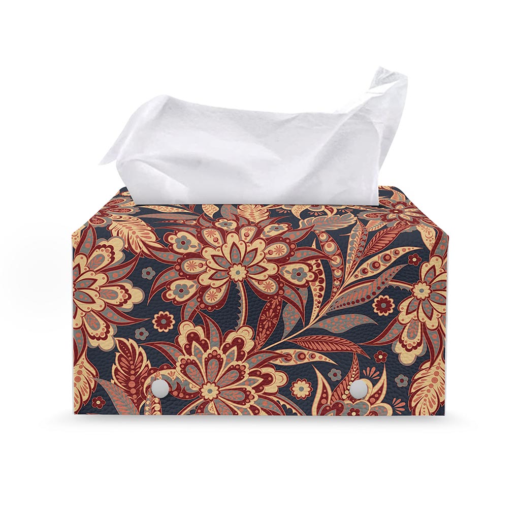 Brown Floral Bohemian Pattern Print Leather Tissue Box Cover