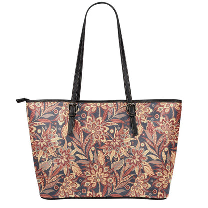 Brown Floral Bohemian Pattern Print Leather Tote Bag