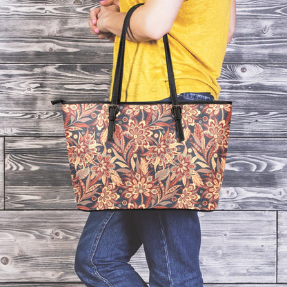 Brown Floral Bohemian Pattern Print Leather Tote Bag
