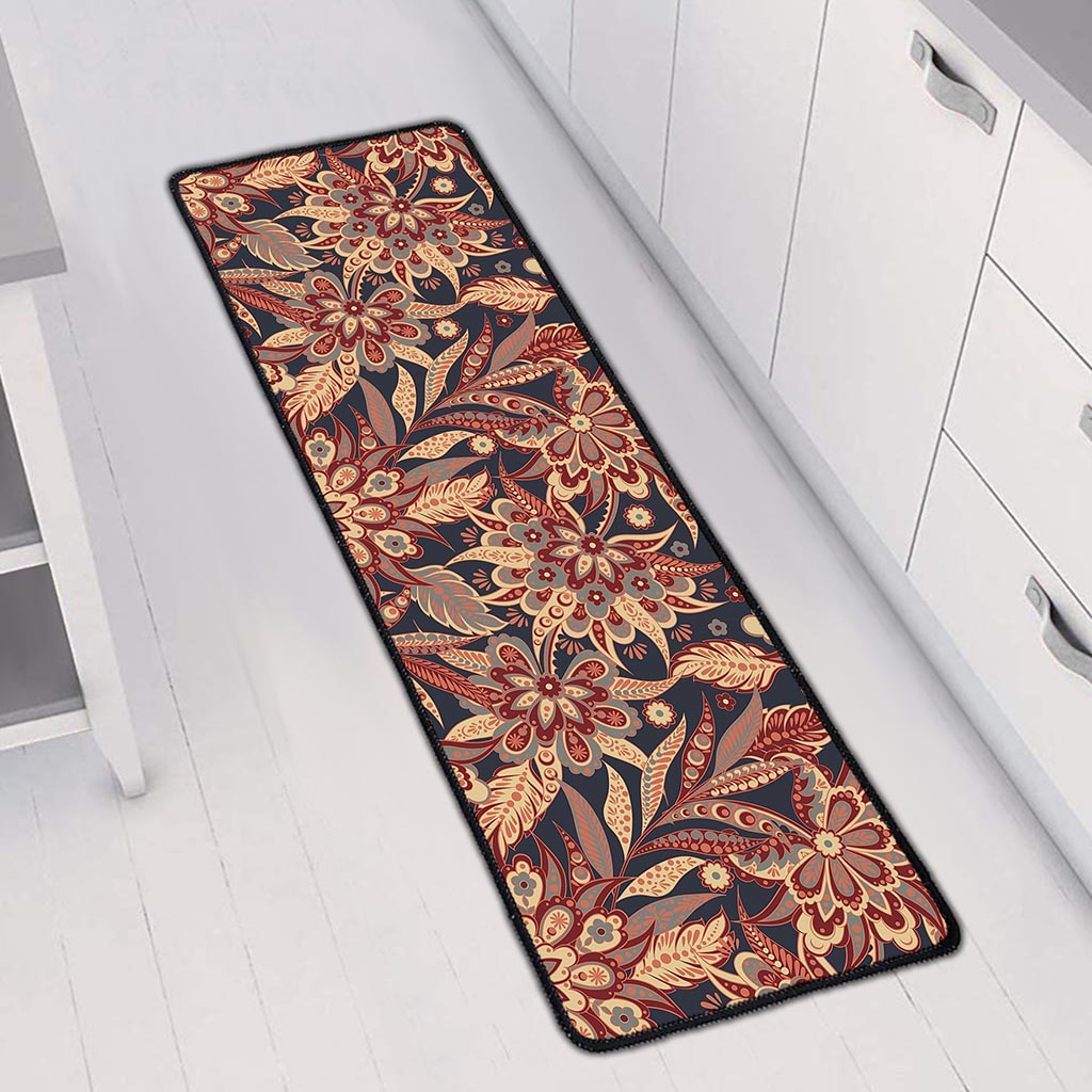 Brown Floral Bohemian Pattern Print Long Kitchen Mat