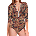 Brown Floral Bohemian Pattern Print Long Sleeve Swimsuit