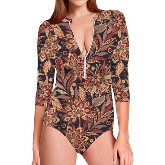 Brown Floral Bohemian Pattern Print Long Sleeve Swimsuit