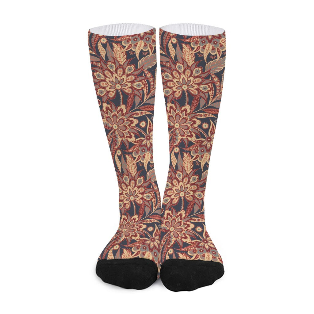 Brown Floral Bohemian Pattern Print Long Socks