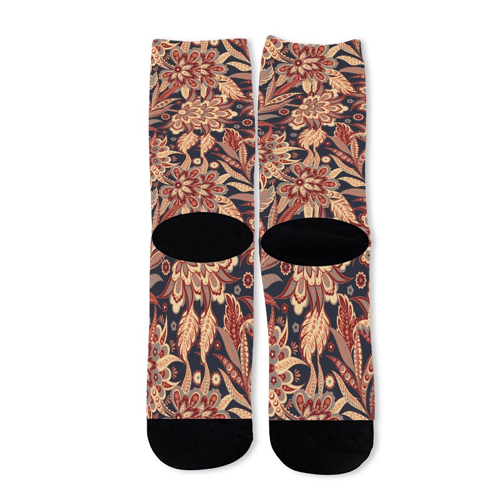 Brown Floral Bohemian Pattern Print Long Socks