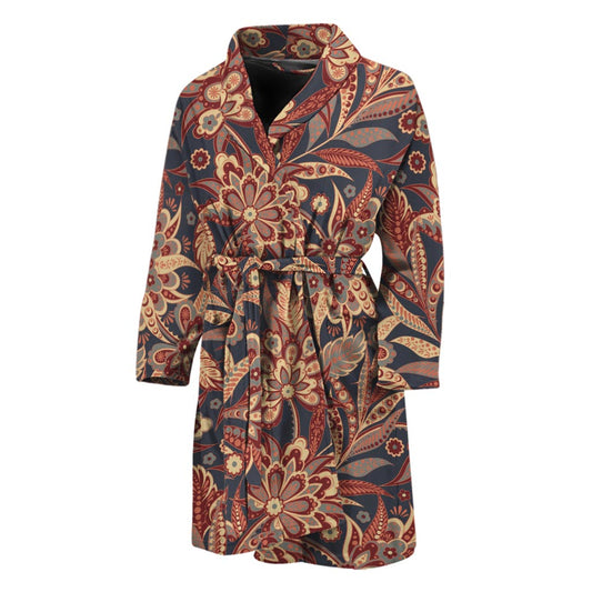 Brown Floral Bohemian Pattern Print Men's Bathrobe