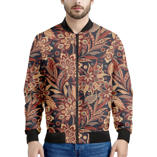 Brown Floral Bohemian Pattern Print Men's Bomber Jacket