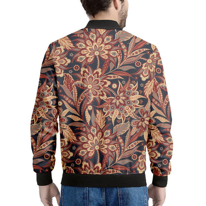 Brown Floral Bohemian Pattern Print Men's Bomber Jacket