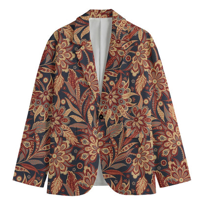 Brown Floral Bohemian Pattern Print Men's Cotton Blazer