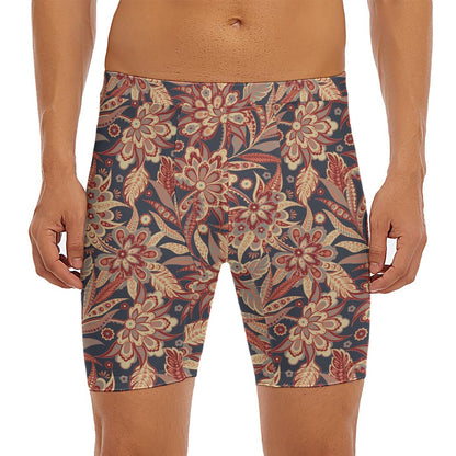 Brown Floral Bohemian Pattern Print Men's Long Boxer Briefs
