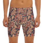 Brown Floral Bohemian Pattern Print Men's Long Boxer Briefs
