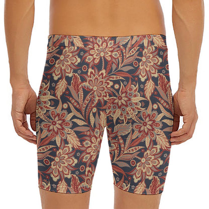 Brown Floral Bohemian Pattern Print Men's Long Boxer Briefs