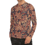 Brown Floral Bohemian Pattern Print Men's Long Sleeve Rash Guard