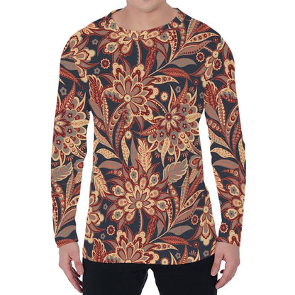 Brown Floral Bohemian Pattern Print Men's Long Sleeve T-Shirt