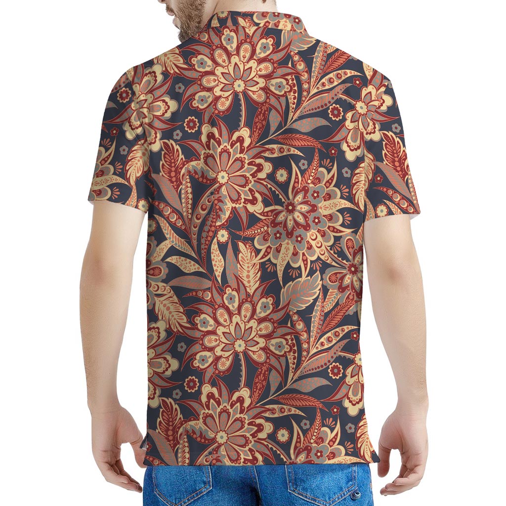 Brown Floral Bohemian Pattern Print Men's Polo Shirt