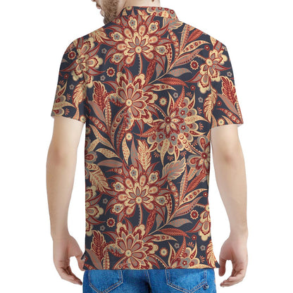 Brown Floral Bohemian Pattern Print Men's Polo Shirt