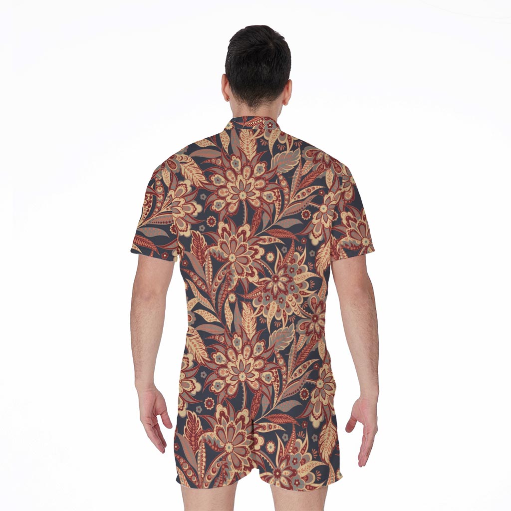 Brown Floral Bohemian Pattern Print Men's Rompers