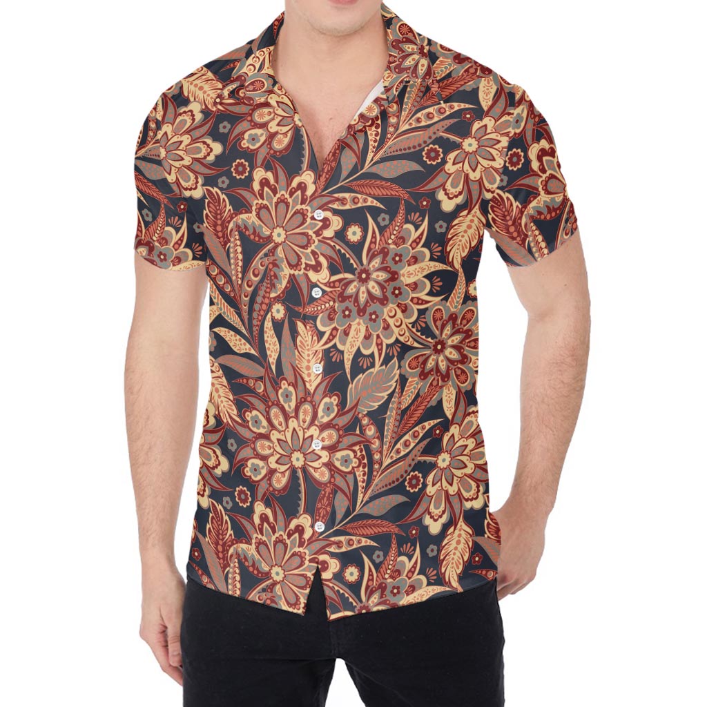 Brown Floral Bohemian Pattern Print Men's Shirt