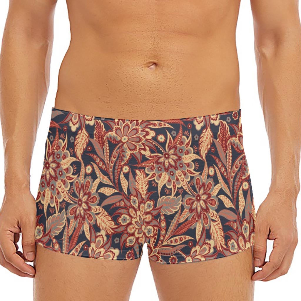 Brown Floral Bohemian Pattern Print Men's Short Boxer Briefs