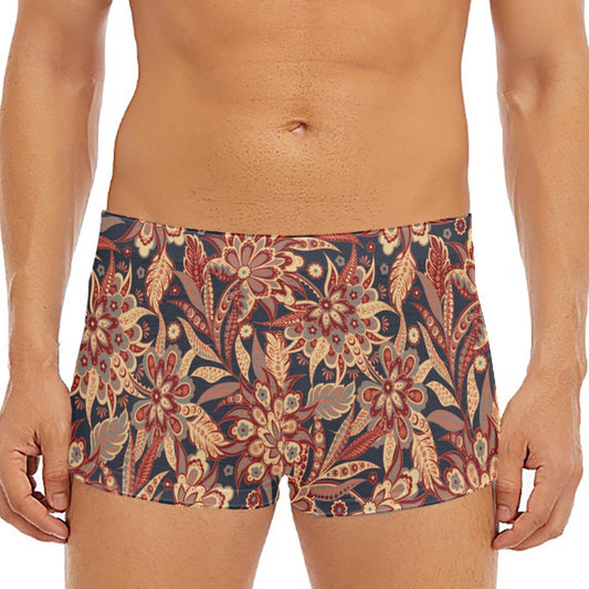 Brown Floral Bohemian Pattern Print Men's Short Boxer Briefs