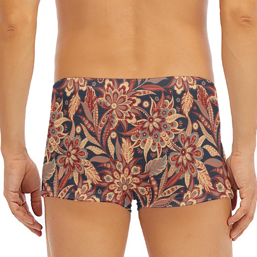 Brown Floral Bohemian Pattern Print Men's Short Boxer Briefs