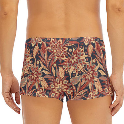 Brown Floral Bohemian Pattern Print Men's Short Boxer Briefs