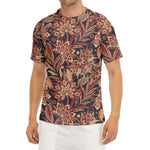 Brown Floral Bohemian Pattern Print Men's Short Sleeve Rash Guard