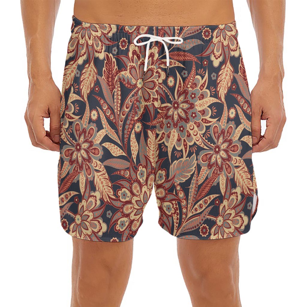 Brown Floral Bohemian Pattern Print Men's Split Running Shorts