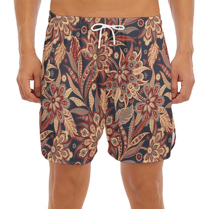 Brown Floral Bohemian Pattern Print Men's Split Running Shorts