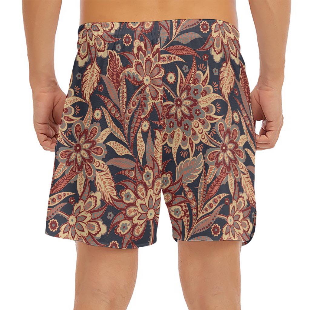 Brown Floral Bohemian Pattern Print Men's Split Running Shorts