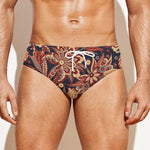 Brown Floral Bohemian Pattern Print Men's Swim Briefs