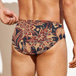 Brown Floral Bohemian Pattern Print Men's Swim Briefs