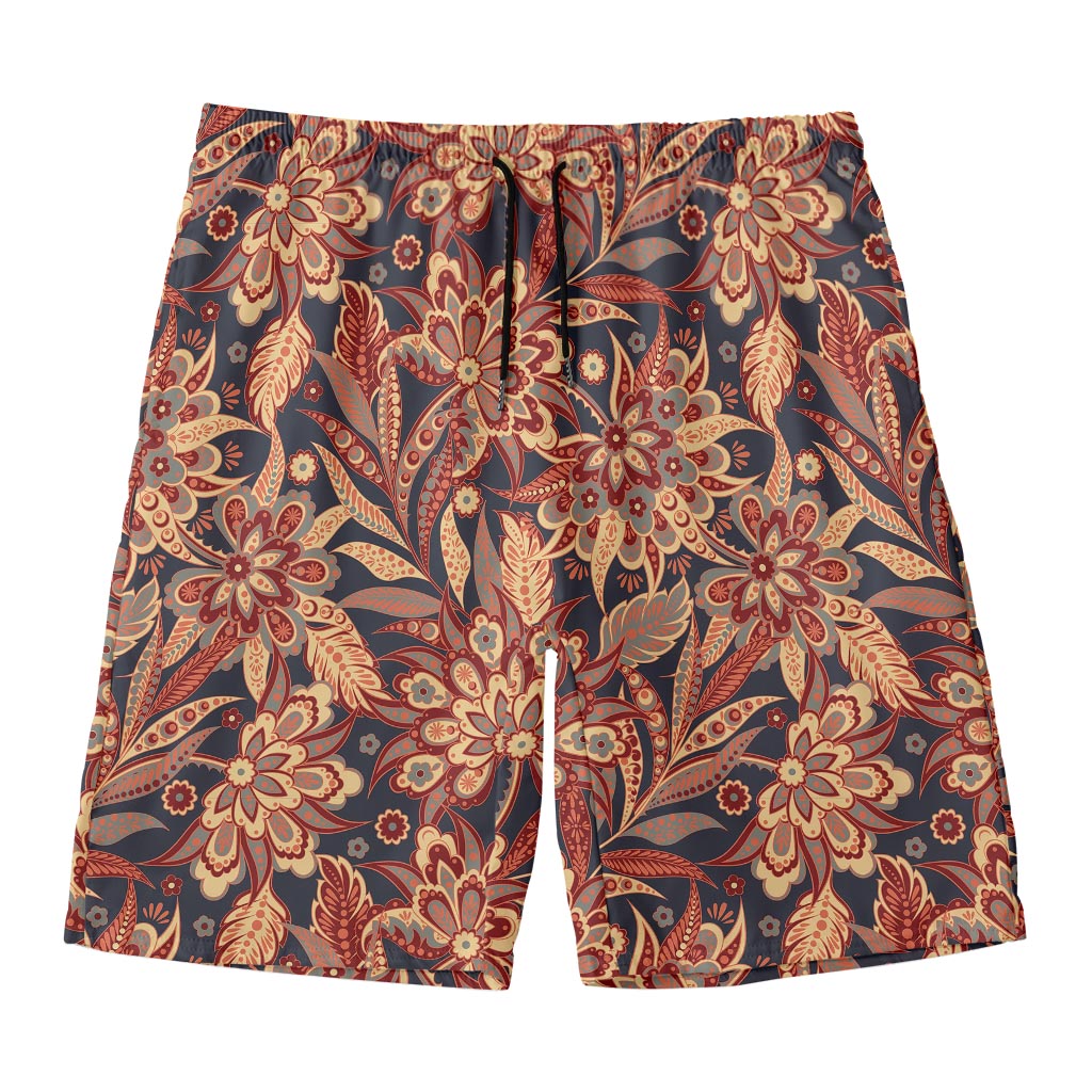 Brown Floral Bohemian Pattern Print Men's Swim Trunks