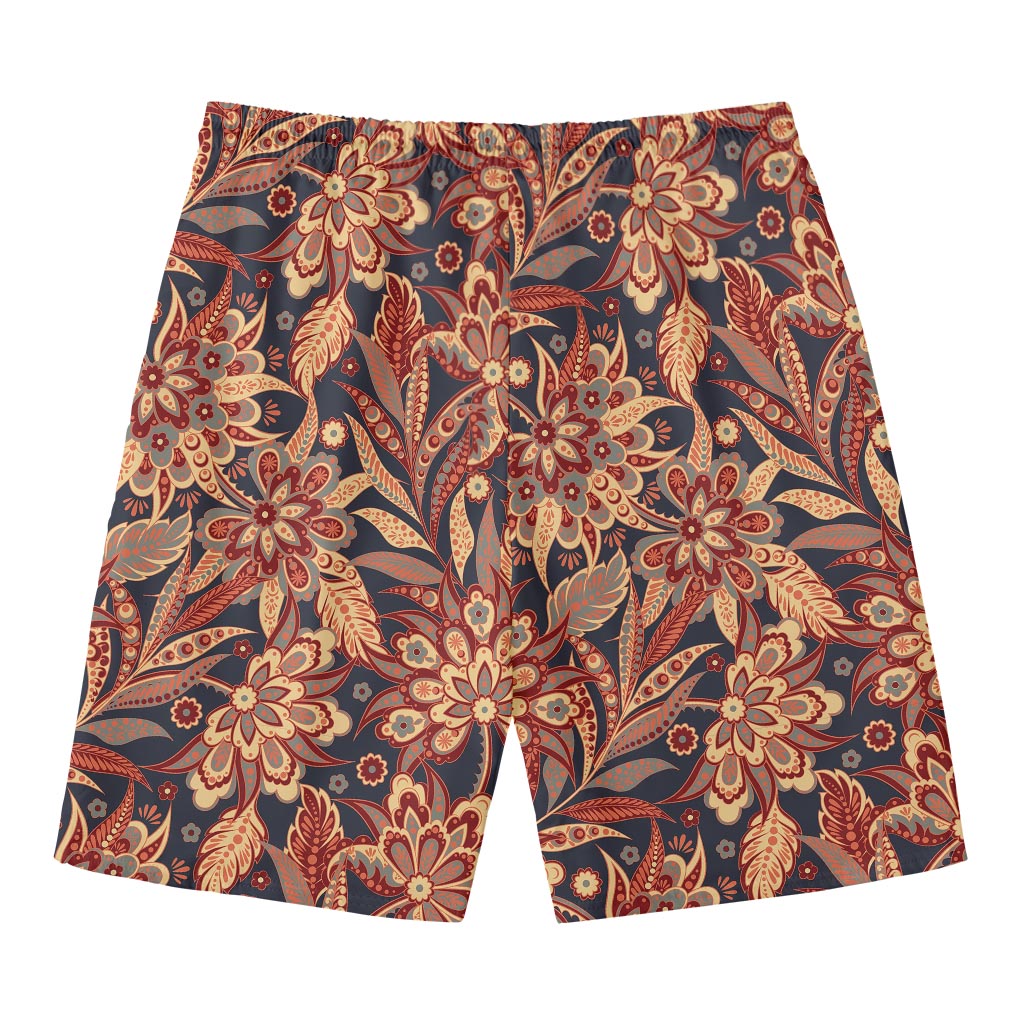 Brown Floral Bohemian Pattern Print Men's Swim Trunks