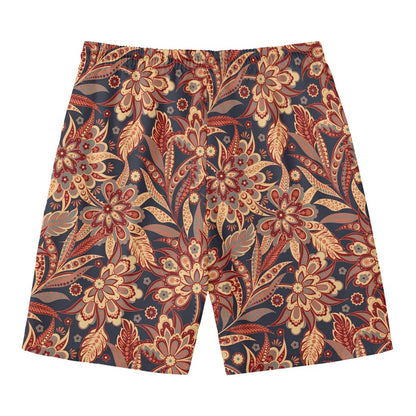 Brown Floral Bohemian Pattern Print Men's Swim Trunks