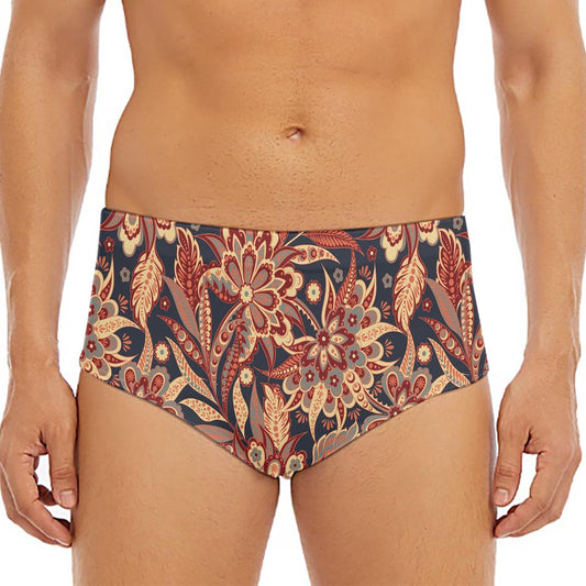 Brown Floral Bohemian Pattern Print Men's Triangle Swim Briefs