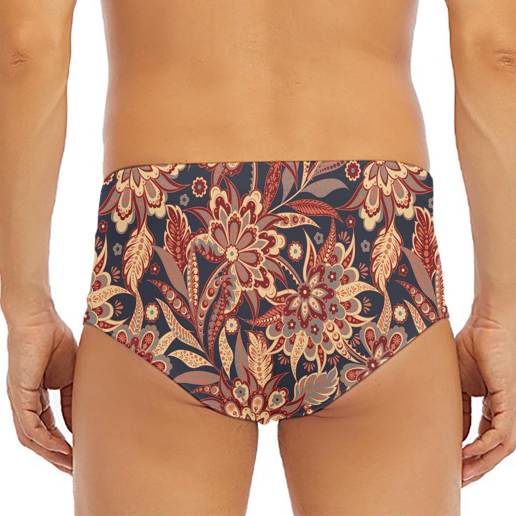 Brown Floral Bohemian Pattern Print Men's Triangle Swim Briefs