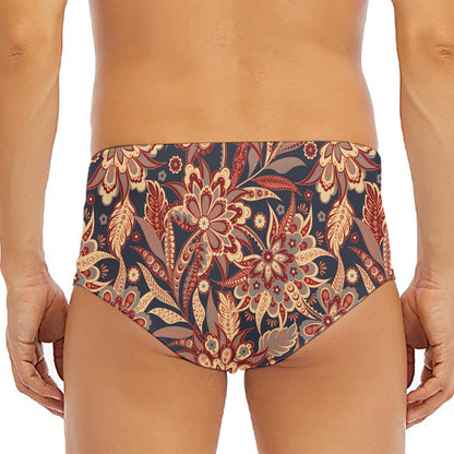 Brown Floral Bohemian Pattern Print Men's Triangle Swim Briefs