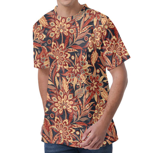 Brown Floral Bohemian Pattern Print Men's Velvet T-Shirt