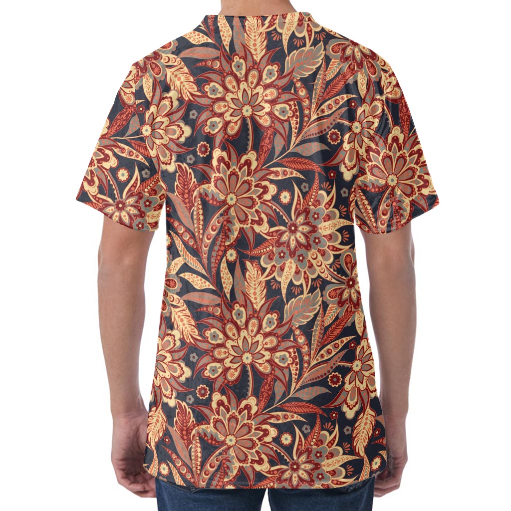Brown Floral Bohemian Pattern Print Men's Velvet T-Shirt