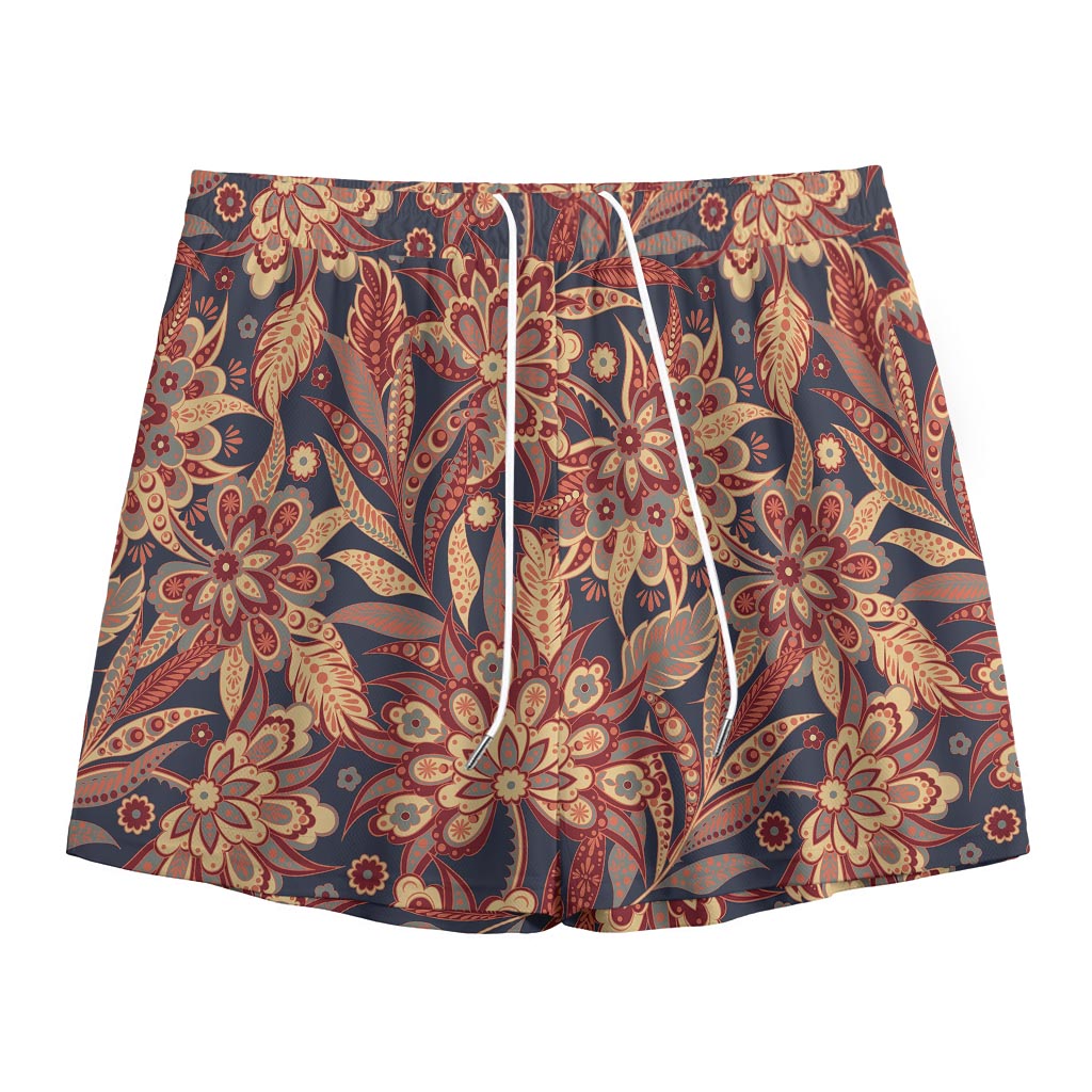 Brown Floral Bohemian Pattern Print Mesh Shorts