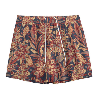 Brown Floral Bohemian Pattern Print Mesh Shorts