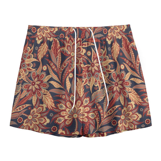 Brown Floral Bohemian Pattern Print Mesh Shorts