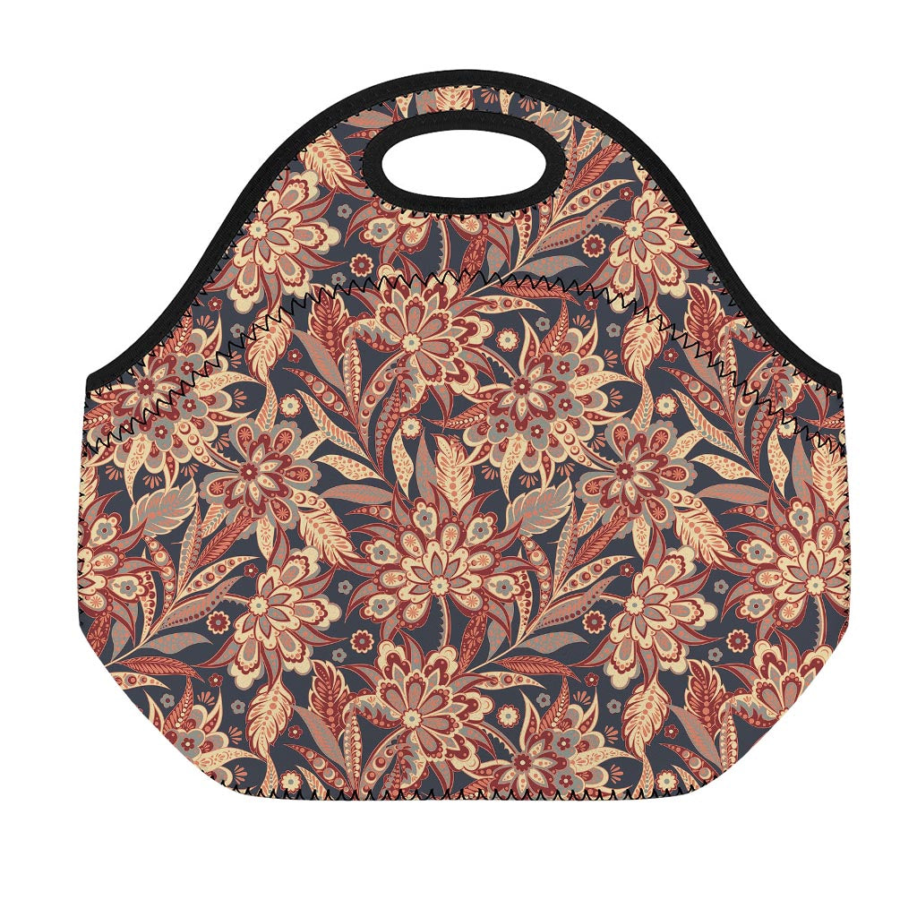 Brown Floral Bohemian Pattern Print Neoprene Lunch Bag