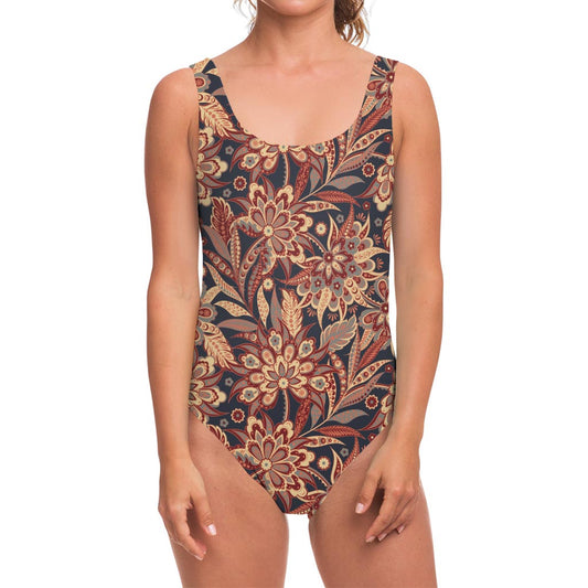 Brown Floral Bohemian Pattern Print One Piece Swimsuit