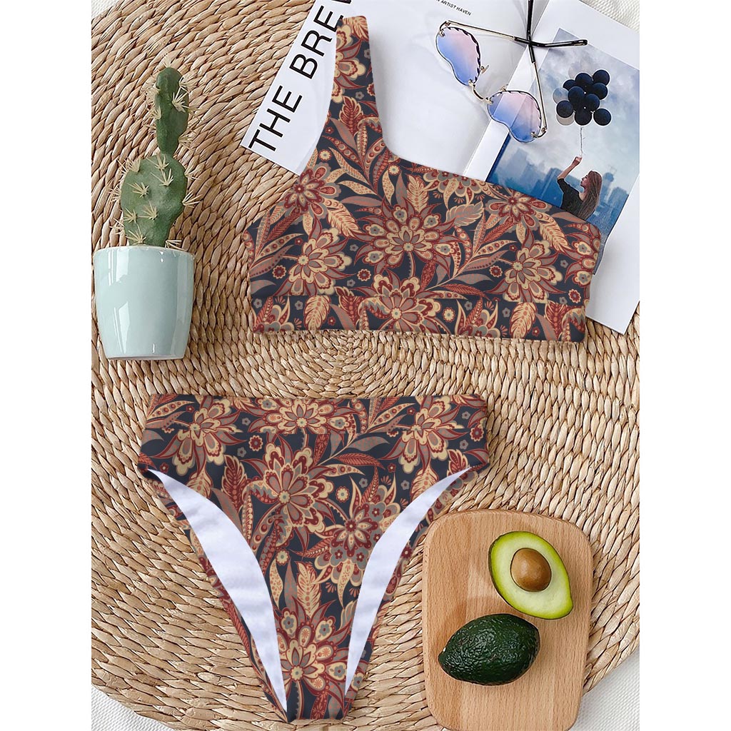 Brown Floral Bohemian Pattern Print One Shoulder Bikini Top