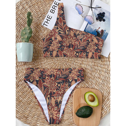 Brown Floral Bohemian Pattern Print One Shoulder Bikini Top