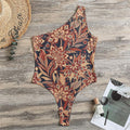 Brown Floral Bohemian Pattern Print One Shoulder Bodysuit