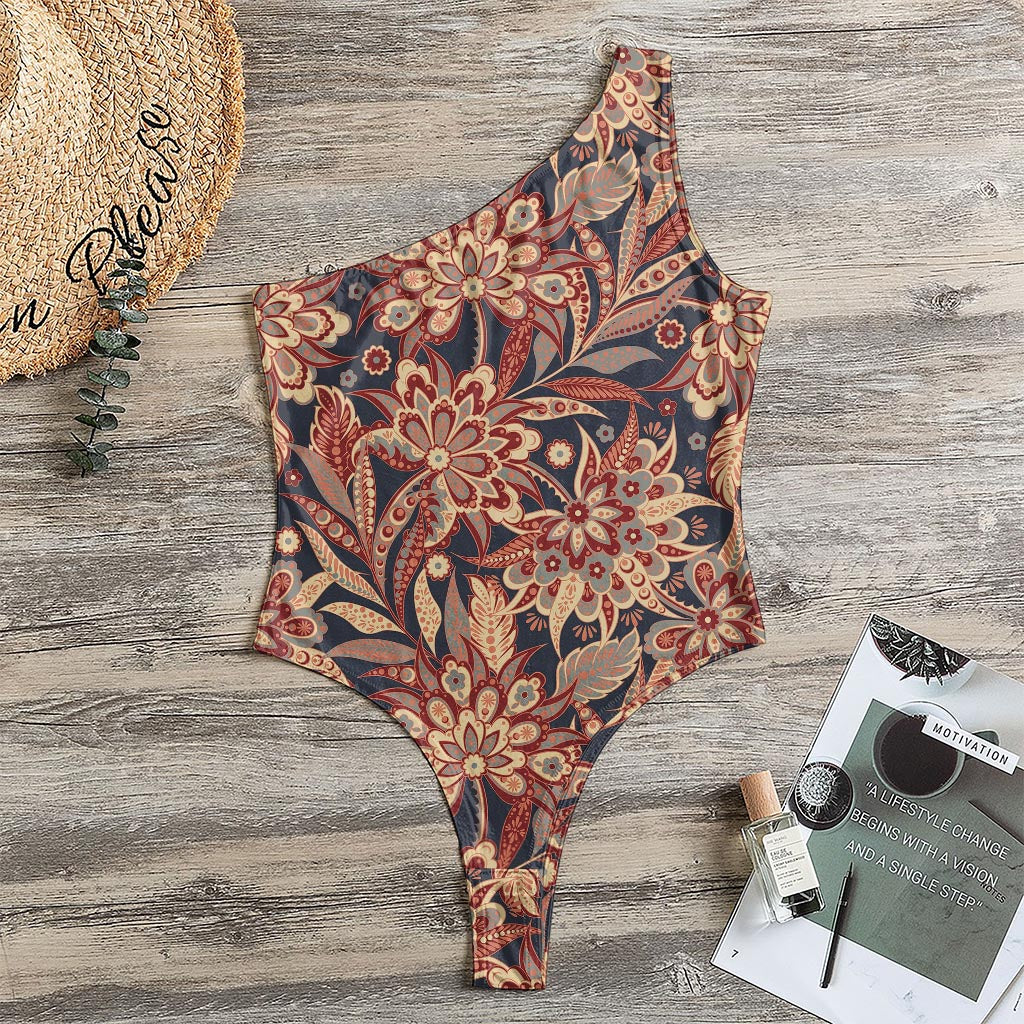 Brown Floral Bohemian Pattern Print One Shoulder Bodysuit