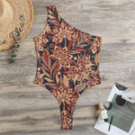 Brown Floral Bohemian Pattern Print One Shoulder Bodysuit