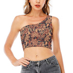 Brown Floral Bohemian Pattern Print One Shoulder Crop Top